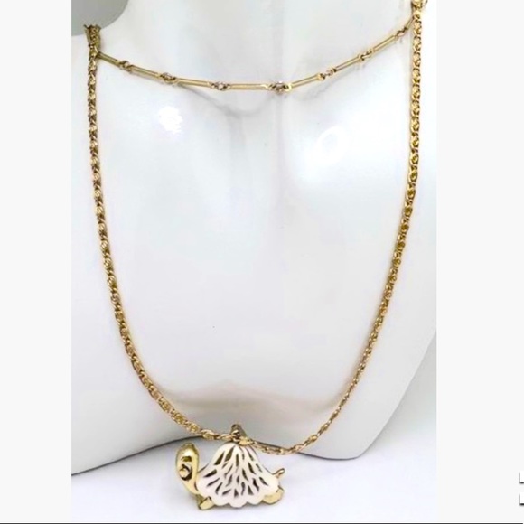 gold crown Jewelry - Vintage Designer Gold Double Strand Necklace w Turtle Pendant By Gold Crown Inc.